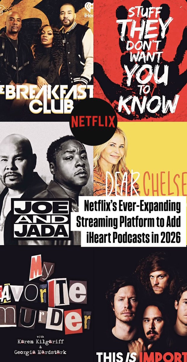 WeRunfromllamas's tweet image. Netflix announces it is expanding its media lineup in 2026, with the exclusive video versions of iHeart podcasts—including The Breakfast Club, Rory &amp;amp; Mal, Stuff They Don’t Want You to Know, Joe and Jada, and more—coming to the platform.