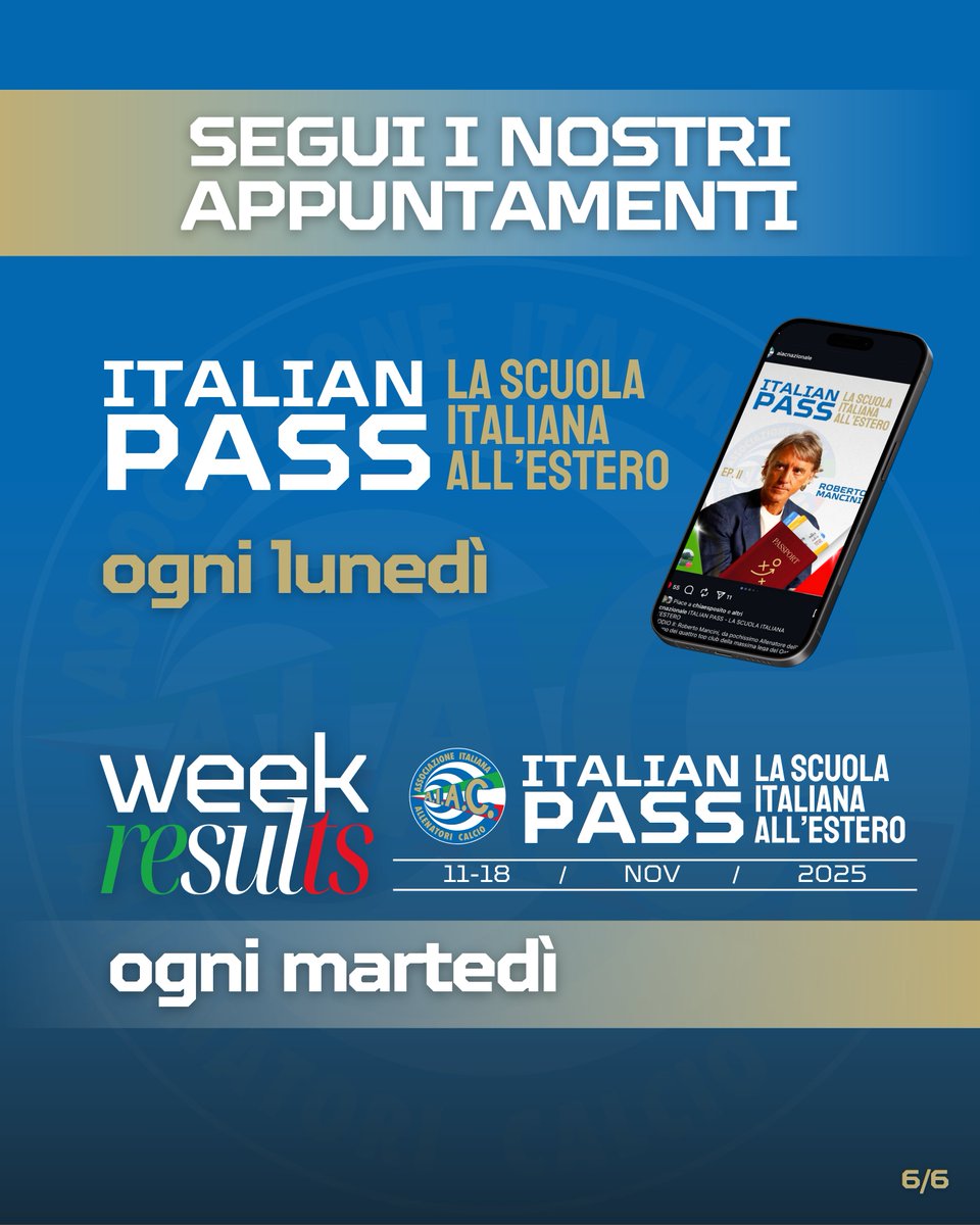 🇮🇹🌍 #WEEKRESULTS | Italian Pass
Dal Brasile alla Georgia, dalla Premier alla Ligue 1
La Scuola Italiana dei Tecnici continua a essere protagonista nel mondo. 🌍⚽️

#ItalianPass #AIAC #AllenatoriItalianiAllEstero