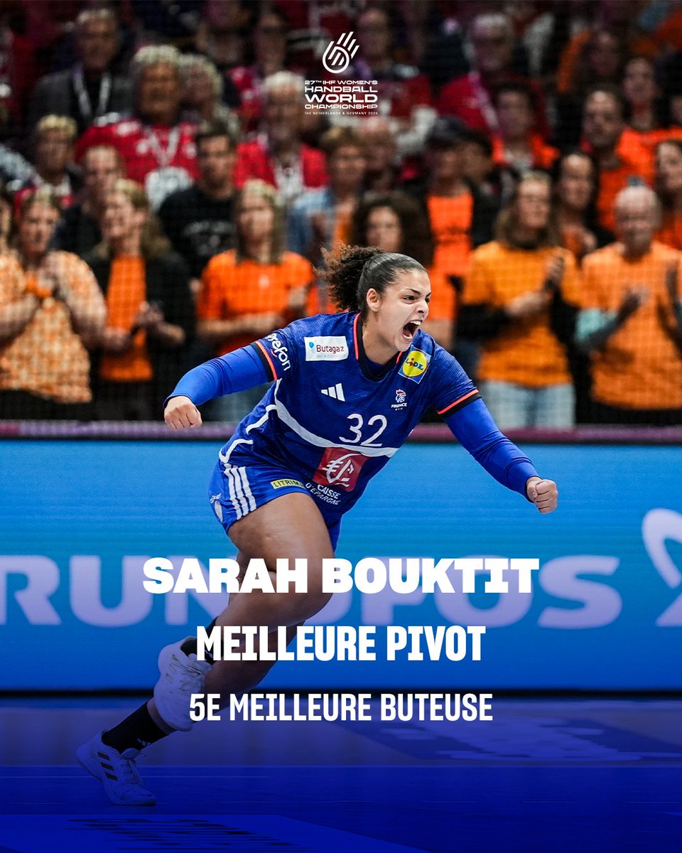 FRAHandball's tweet photo. Sarah Bouktit élue meilleure pivot du Mondial IHF ! 💪
De plus, 4 BLEUES dans le top 20 des meilleures buteuses de la compétition ! 🎯🥅
#BleuetFier https://t.co/O2Et3K4z2G