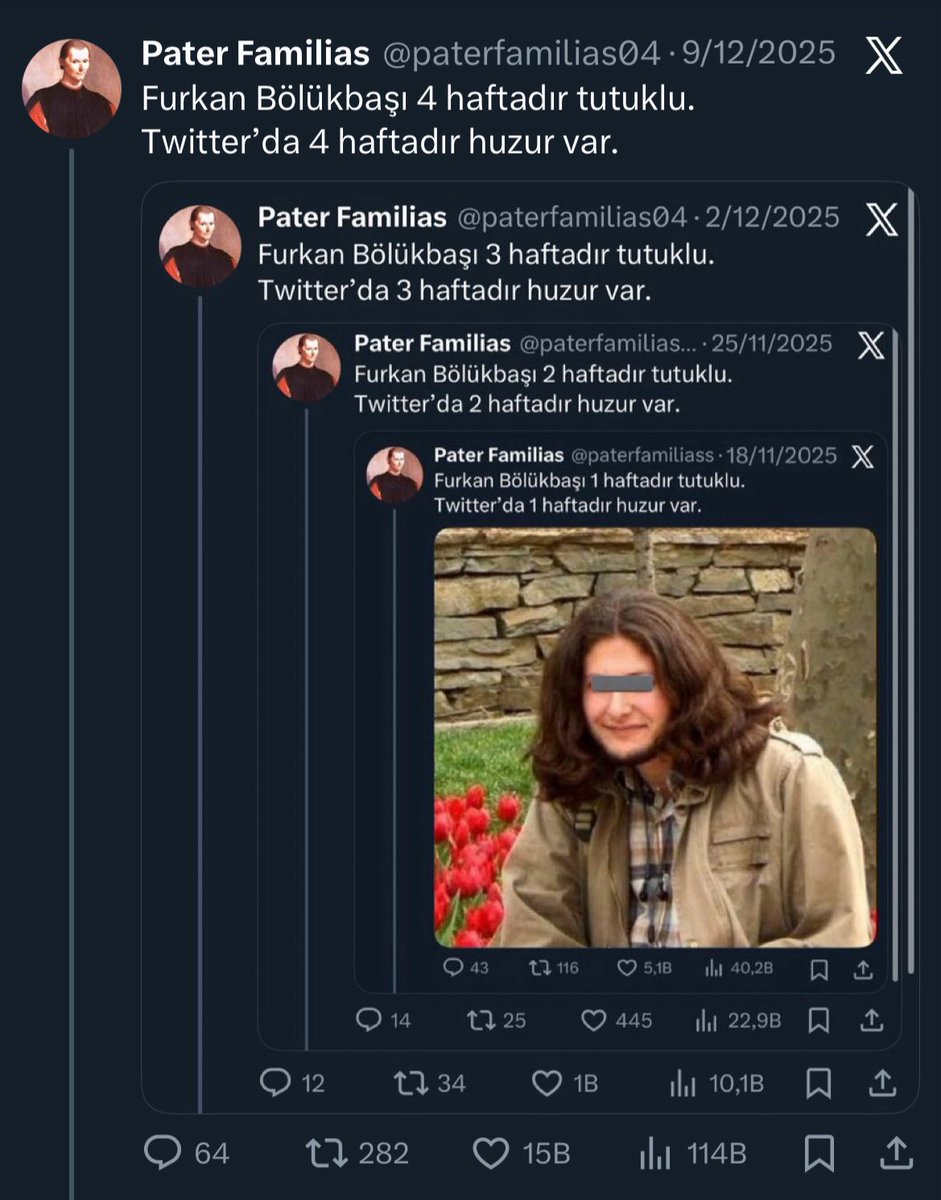 Furkan Bölükbaşı 5 haftadır tutuklu.
Twitter’da 5 haftadır huzur var.