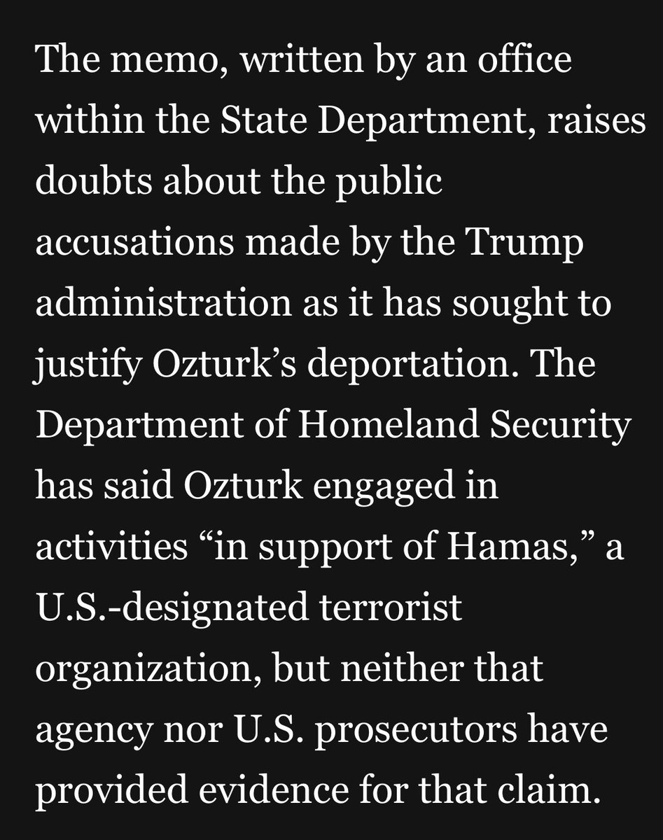 briantashman's tweet image. State Dept officials admitted that the *only* reason they stripped Rumeysa Ozturk of her status and then had her arrested and detained is because she was the coauthor of an oped that criticized Israel