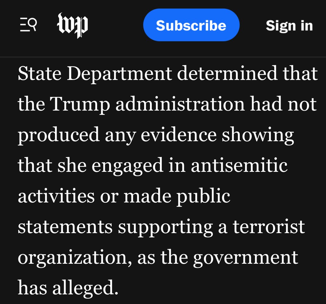 briantashman's tweet image. State Dept officials admitted that the *only* reason they stripped Rumeysa Ozturk of her status and then had her arrested and detained is because she was the coauthor of an oped that criticized Israel