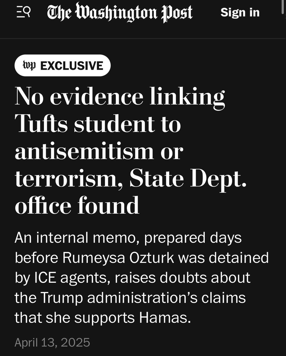 briantashman's tweet image. State Dept officials admitted that the *only* reason they stripped Rumeysa Ozturk of her status and then had her arrested and detained is because she was the coauthor of an oped that criticized Israel