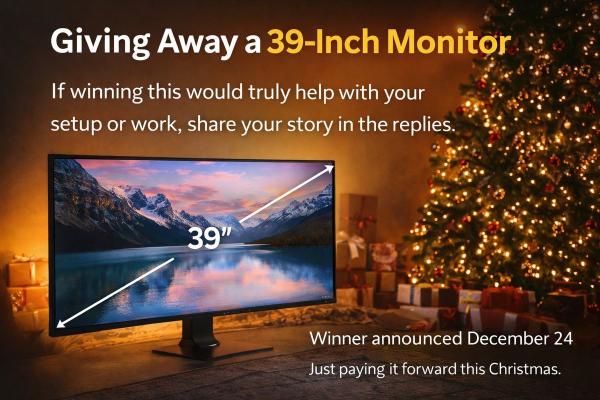 I’m giving away a 39 inch monitor to someone who actually needs it.

God has been good to me this year, and I want to bless someone this Christmas.

This isn’t a hype giveaway or a marketing stunt.
Just a real gift for someone grinding without the tools they deserve.

If winning
