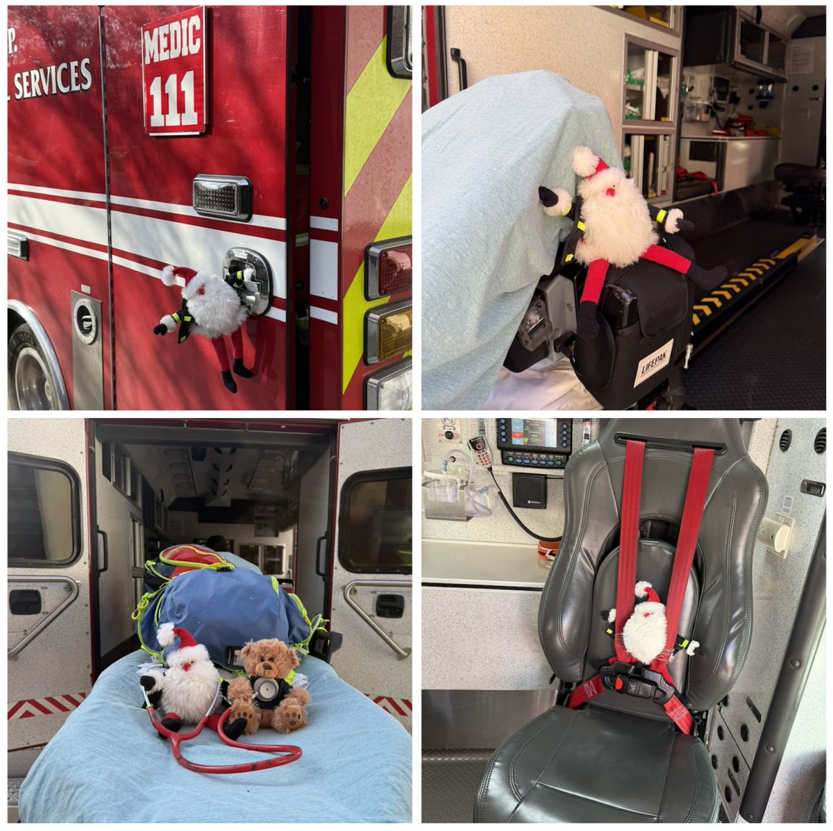 Today, Firehouse Santa lent a hand on M111! He counted, examined &amp; even gave our stethoscope a check-up! When we received a call, he hopped in the chair &amp; buckled up just like a pro! We need this jolly helper on board full-time! #HoHoHoWhereWillHeGo #FirehouseSanta