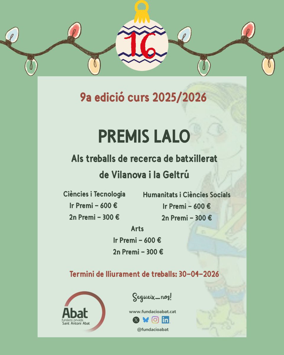 DIA 16!
Coneixes els premis Lalo? L'any que ve realitzem la 9a edició, pots veure en el següent enllaç la notícia de <a href="/canalblau/">Canal Blau</a> sobre l'edició anterior, en la que es van presentar un total de 19 treballs. 

youtube.com/watch?v=nn95uz…
