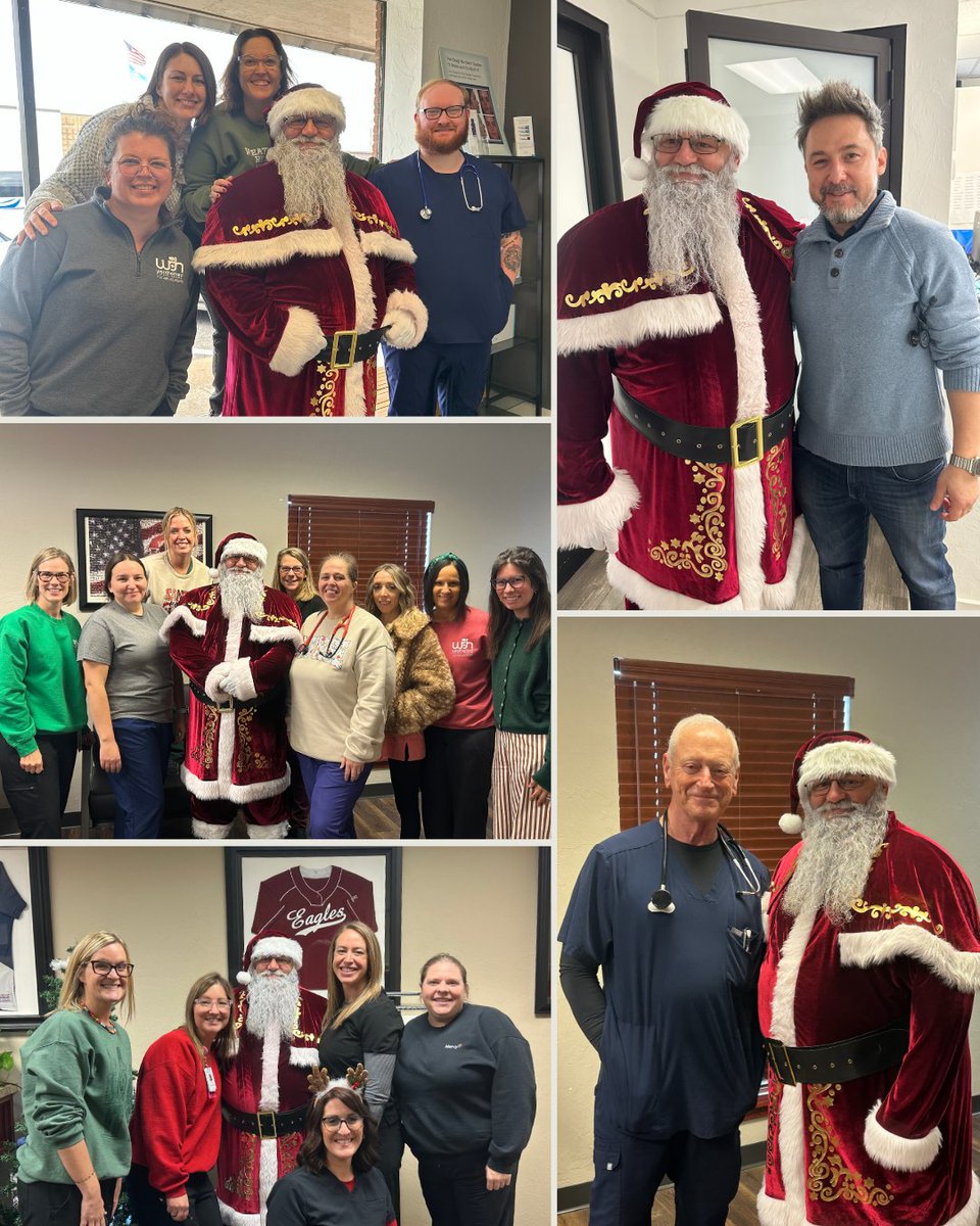 AE Melissa Morgan (Clinton, OK) took Santa on a tour to some of our providers' offices in Weatherford! 🎅 Santa got to meet Carter Healthcare's Medical Director for the area, Dr. Michael Aaron (lower right photo). #holidayfun #santaclausiscomingtotown #homehealthmarketing