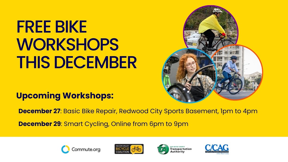 Winter riding doesn’t have to be intimidating. ❄️🚲
Join our free December bike classes with Silicon Valley Bicycle Coalition and learn tips to stay safe and confident all season long.
Click the link below to see all upcoming classes.
ow.ly/iptR50Xk5wI