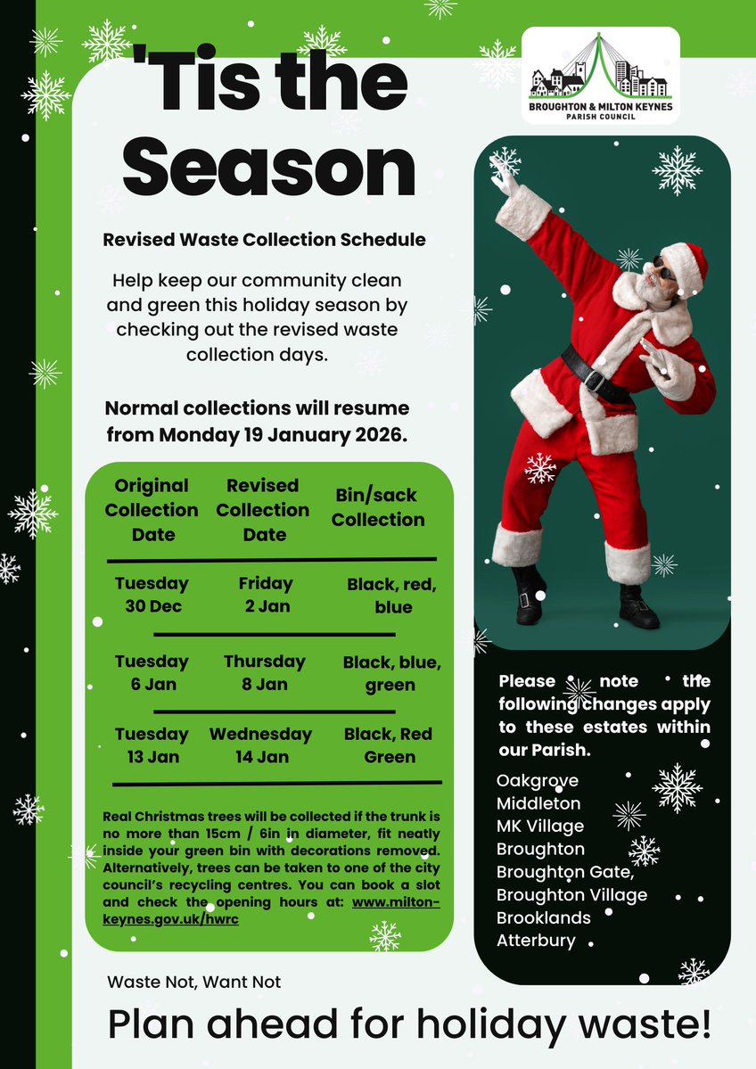 Christmas bin day changes 
Please check the revised waste collection dates in the graphic below to make sure your bins are out on the right day.
Normal collections resume from Monday 19 January 2026