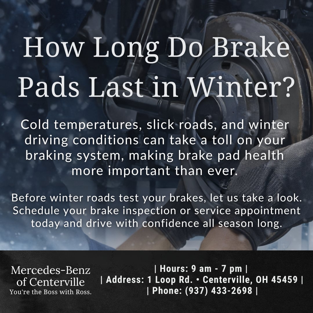 MBofCenterville's tweet image. ❄️ How Long Do Brake Pads Last in Winter? ❄️ Get your brake inspection today for safe winter driving! ➡️ ow.ly/O28W50XKt1Y #AutoService #Centerville #VehicleSafety #CarCare #WinterMaintenance #MercedesBenz #BrakeInspection #WinterDriving #BrakeSafety #BrakePads