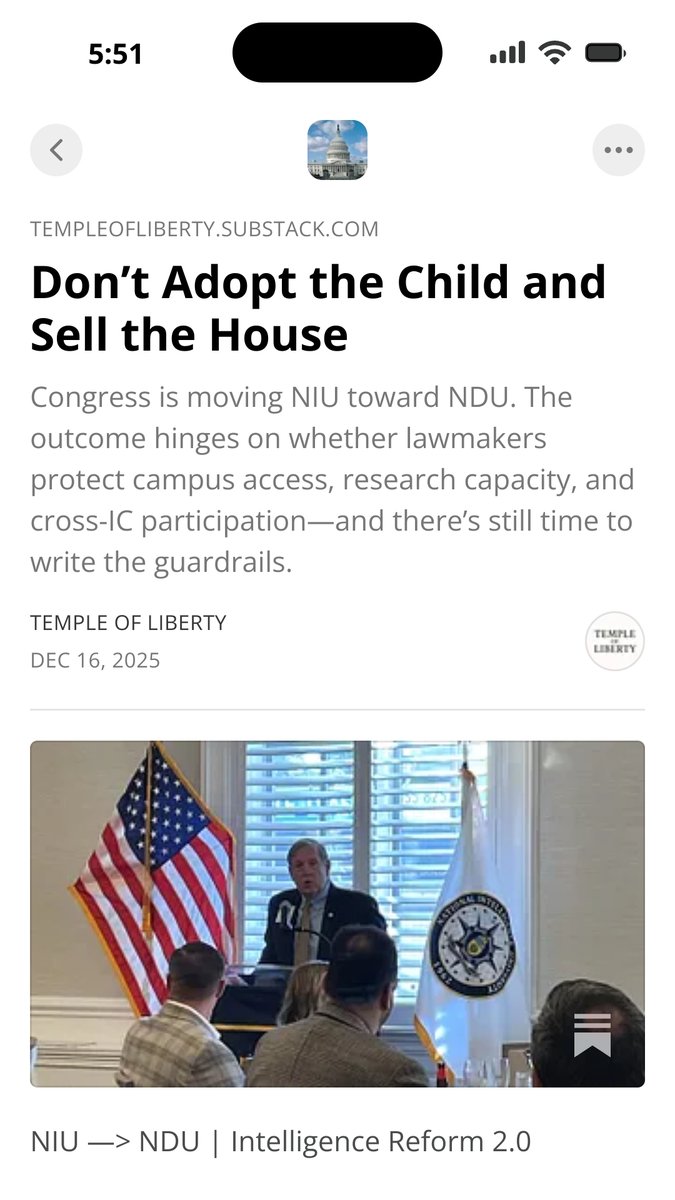 Congress is moving <a href="/NationalIntelU/">National Intelligence University</a> toward <a href="/NDU_EDU/">National Defense University</a>. The transfer may be inevitable; mission drift isn’t—if campus access, research, and cross-IC participation are protected now.

New essay: “Don’t Adopt the Child and Sell the House.” open.substack.com/pub/templeofli…