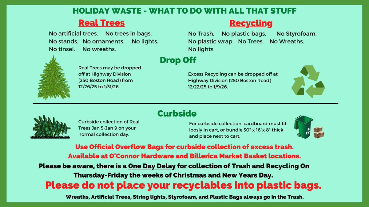 The recycle dumpsters are coming back on December 22 until January 9 at 250 Boston Road. This is for Billerica residents only. Please only drop off clean recyclables, with no plastic bags, Styrofoam, plastic packing materials or trash. Pease see image for more specifics.