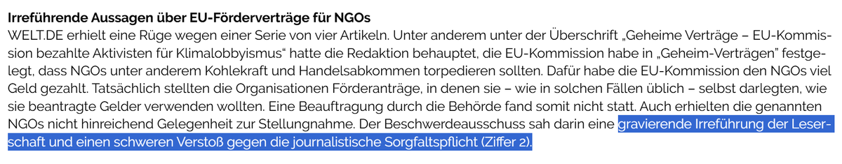 Wisst ihr noch, wie die <a href="/welt/">WELT</a> im Juni gleich mehrere haarsträubende "Enthüllungsartikel" über angebliche "Geheimverträge" zwischen Umwelt-NGOs und der EU veröffentlichte?

Der Presserat hat nun eine Rüge ausgesprochen. Wie ich finde: völlig zurecht. 1/x