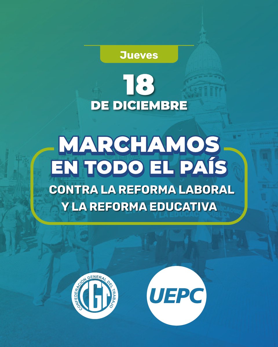 𝗠𝗮𝗿𝗰𝗵𝗮𝗺𝗼𝘀 𝗲𝗻 𝗰𝗼𝗻𝘁𝗿𝗮 𝗱𝗲 𝗹𝗮 𝗿𝗲𝗳𝗼𝗿𝗺𝗮 𝗹𝗮𝗯𝗼𝗿𝗮𝗹 𝘆 𝗹𝗮 𝗿𝗲𝗳𝗼𝗿𝗺𝗮 𝗲𝗱𝘂𝗰𝗮𝘁𝗶𝘃𝗮 

Este  jueves nos movilizamos en rechazo a la reforma laboral y la reforma educativa. Compañeras/os se movilizarán en toda la provincia junto a otros gremios.