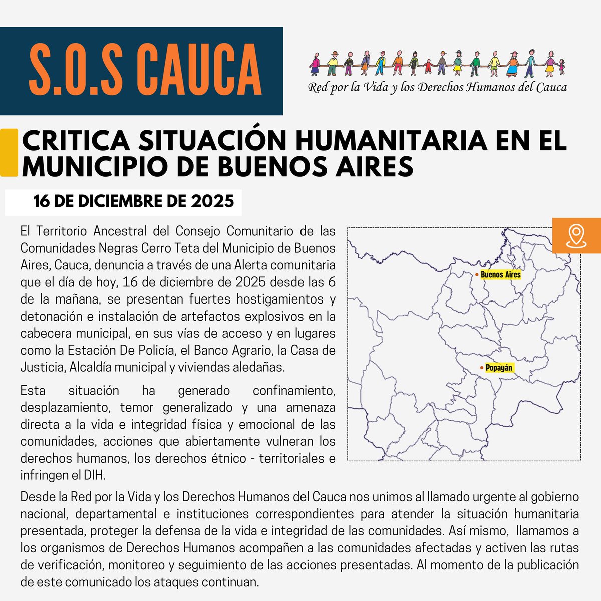🆘⚠️ #SOSCauca | CRÍTICA SITUACIÓN HUMANITARIA EN EL MUNICIPIO DE BUENOS AIRES.

El Territorio Ancestral del Consejo Comunitario de las Comunidades Negras Cerro Teta del Municipio de Buenos Aires, Cauca, denuncia a través de una Alerta comunitaria que el día de hoy, 16 de