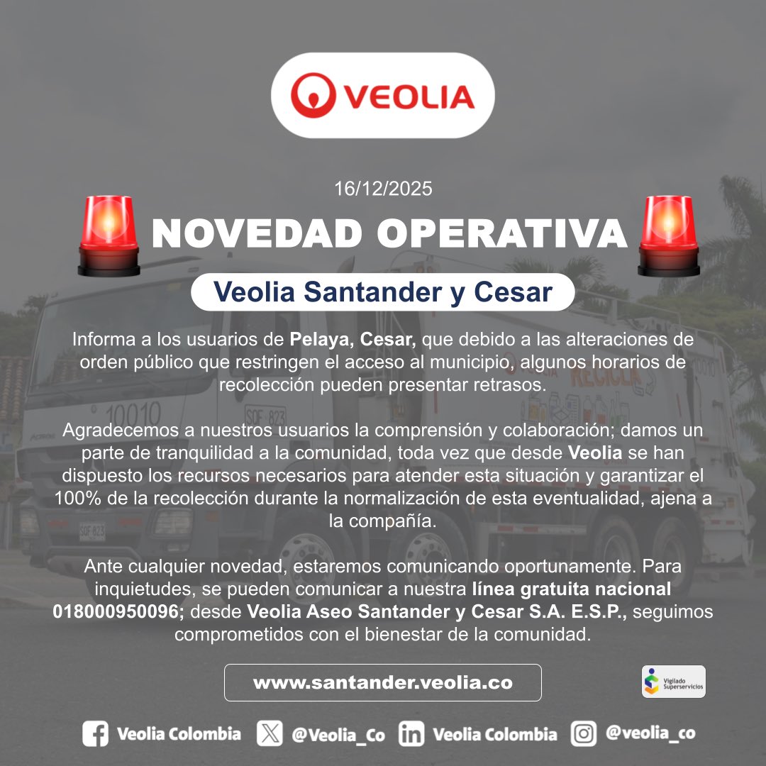 VeoliaSderCesar's tweet image. 🚨¡NOVEDAD OPERATIVA!🚨

A los usuarios de Pelaya, #Cesar, informamos que se presentan novedades en la prestación del servicio de recolección de residuos. 

Agradecemos a la comunidad su comprensión y colaboración. Los detalles aquí👇🏼: