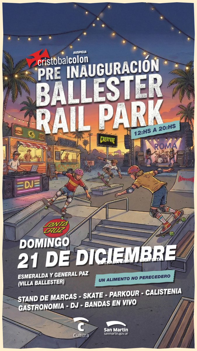 OFICIALROMA's tweet image. Estamos super manijas de anunciarles que este próximo domingo 21/12 vamos a estar cerrando el inicio de una gran movida en el barrio! El Ballester Rail Park! 🛹

La entrada es libre y gratuita (a y el evento comienza a partir de las 12 hs. (horario show 18 hs)

📍 Villa Ballester