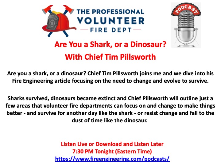 Another great conversation to be had this evening pertaining to our volunteer fire service on the Fire Engineering podcast network. Thanks to my special guest Chief Tim Pillsworth for joining me and sharing his thoughts.