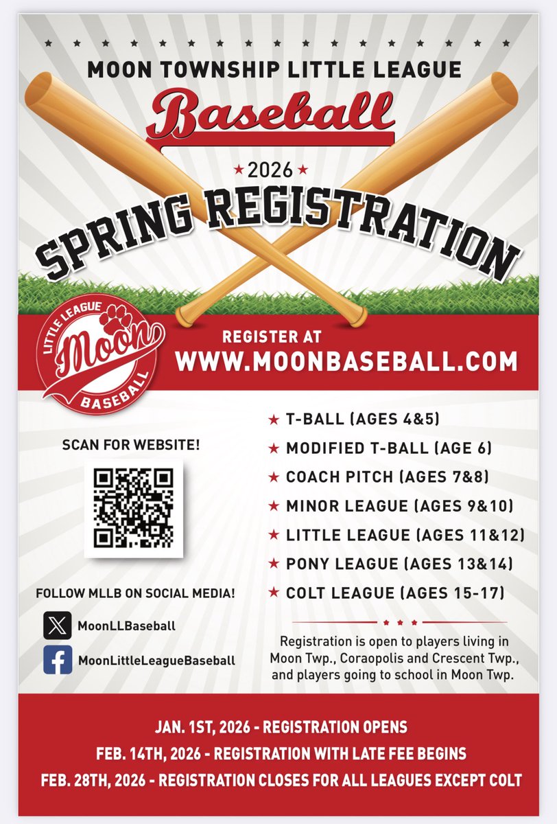 MoonLLBaseball's tweet image. Spring Registration will open January 1st! 

Our first general membership meeting will be Tuesday January 6th at 7pm at the Moon Middle School LGI room. 

Please email info@moonbaseball.com with any questions