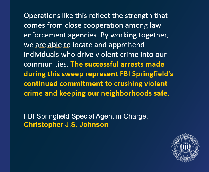 FBI's tweet image. NEWS ALERT from @FBISpringfield: "Operation Safe Christmas" results in more than 60 criminal arrests over seven days. 

The #FBI in coordination with federal, state, and local law enforcement partners conducted a week-long fugitive apprehension operation that resulted in 63…