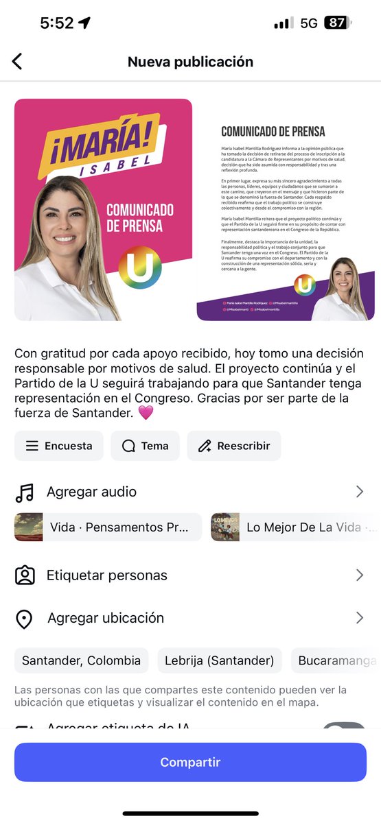 Misabelmanti's tweet photo. Con gratitud por cada apoyo recibido, hoy tomo una decisión responsable por motivos de salud. El proyecto continúa y el Partido de la U seguirá trabajando para que Santander tenga representación en el Congreso. Gracias por ser parte de la fuerza de Santander. 🩷 https://t.co/ZsvOImZsAu