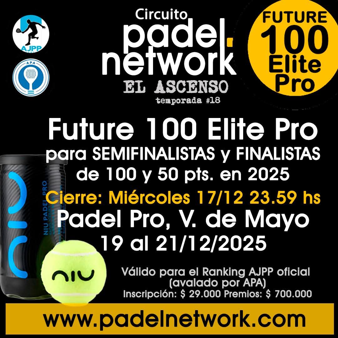 PadelNetwork's tweet image. ¡¡ATENCIÓN!! Como queremos que el último sea UNA FIESTA, ampliamos la preclasificación del Future 100 Elite Pro para que también puedan inscribirse los que llegaron a semis de 50 y 100 pts en 2025. Listado actualizado en padelnetwork.com/ajpp/2025/dici… 
Inscribite padelnetwork.com/inscripcion/