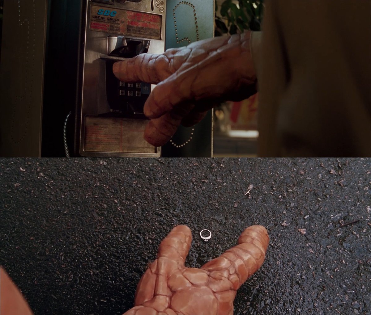 ReviewsPossum's tweet photo. The 2005 Fantastic Four movie establishes Ben Grimm's giant hands in a gag where his fingers are too big to use a payphone, but then they're the subject of tragedy when he can't pick up his wife's wedding ring after she leaves him.

These touches are missing from later movies.