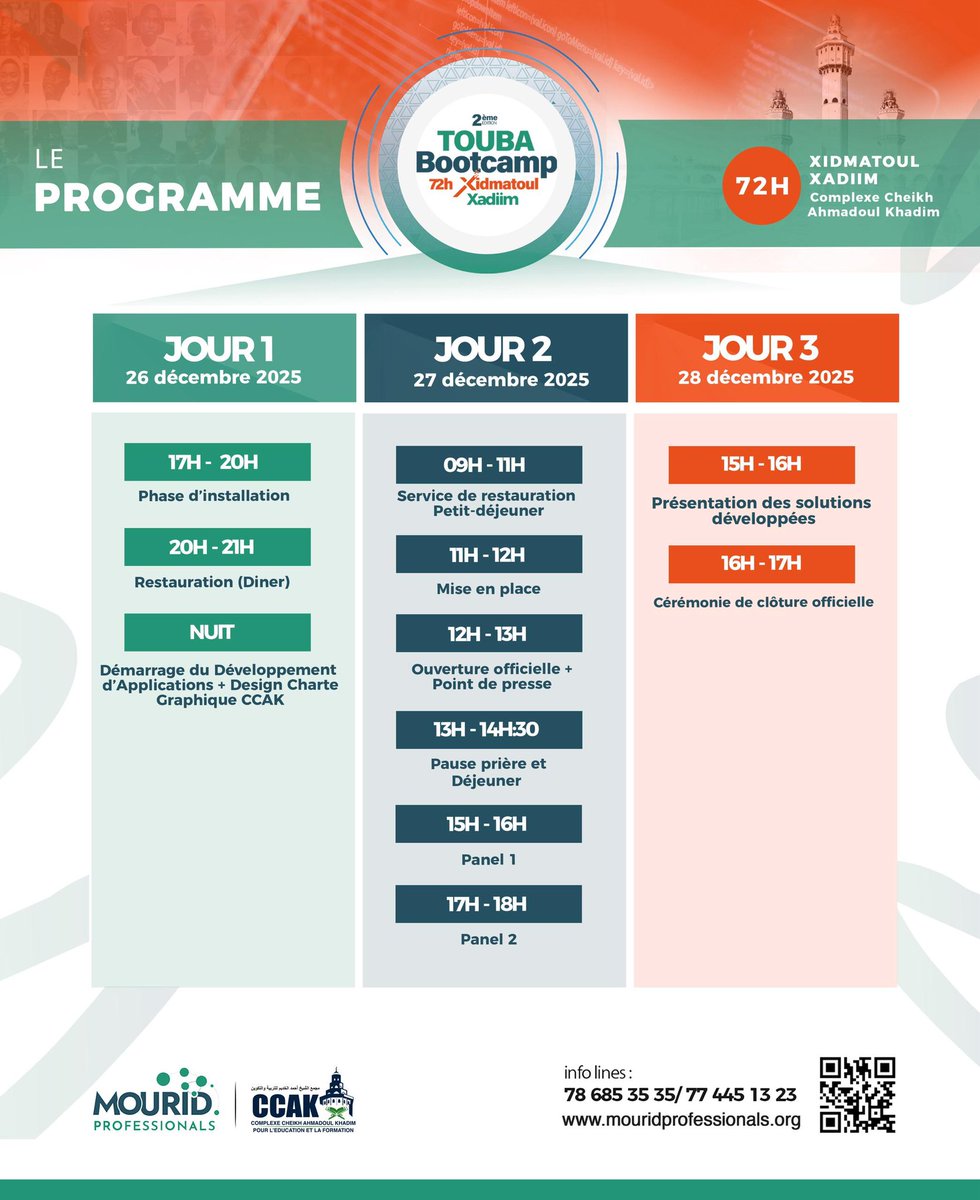 MouridP's tweet photo. Programme officiel – Touba Bootcamp : 72h Xidmatoul Xadim

3jours d’intelligence collective, de réflexion stratégique et de solutions concrètes au service de Touba et du Mouridisme.

Ensemble, mobilisons les compétences pour un impact durable.

#ToubaBootcamp2025 
#AddiyayXamXam https://t.co/kuDi8Rac3A