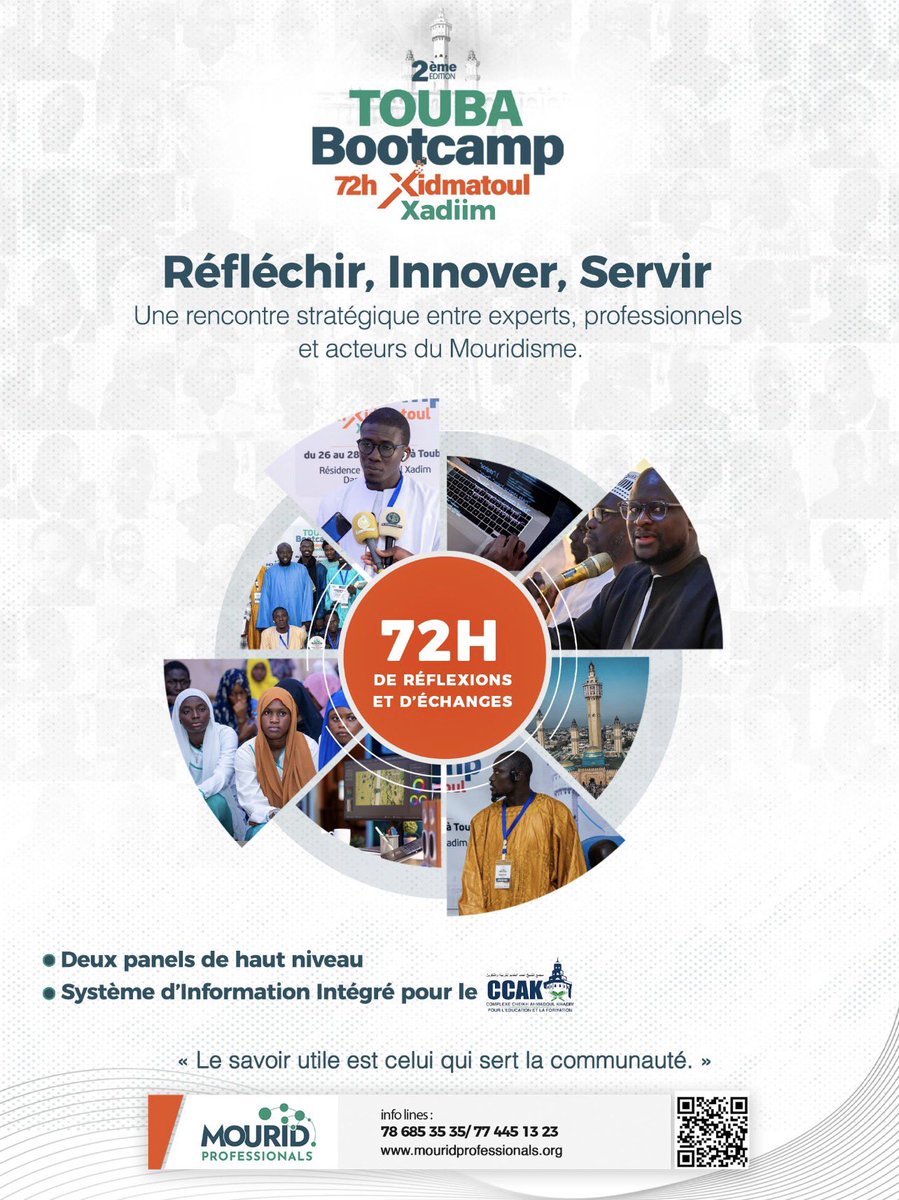 MouridP's tweet photo. Programme officiel – Touba Bootcamp : 72h Xidmatoul Xadim

3jours d’intelligence collective, de réflexion stratégique et de solutions concrètes au service de Touba et du Mouridisme.

Ensemble, mobilisons les compétences pour un impact durable.

#ToubaBootcamp2025 
#AddiyayXamXam https://t.co/kuDi8Rac3A