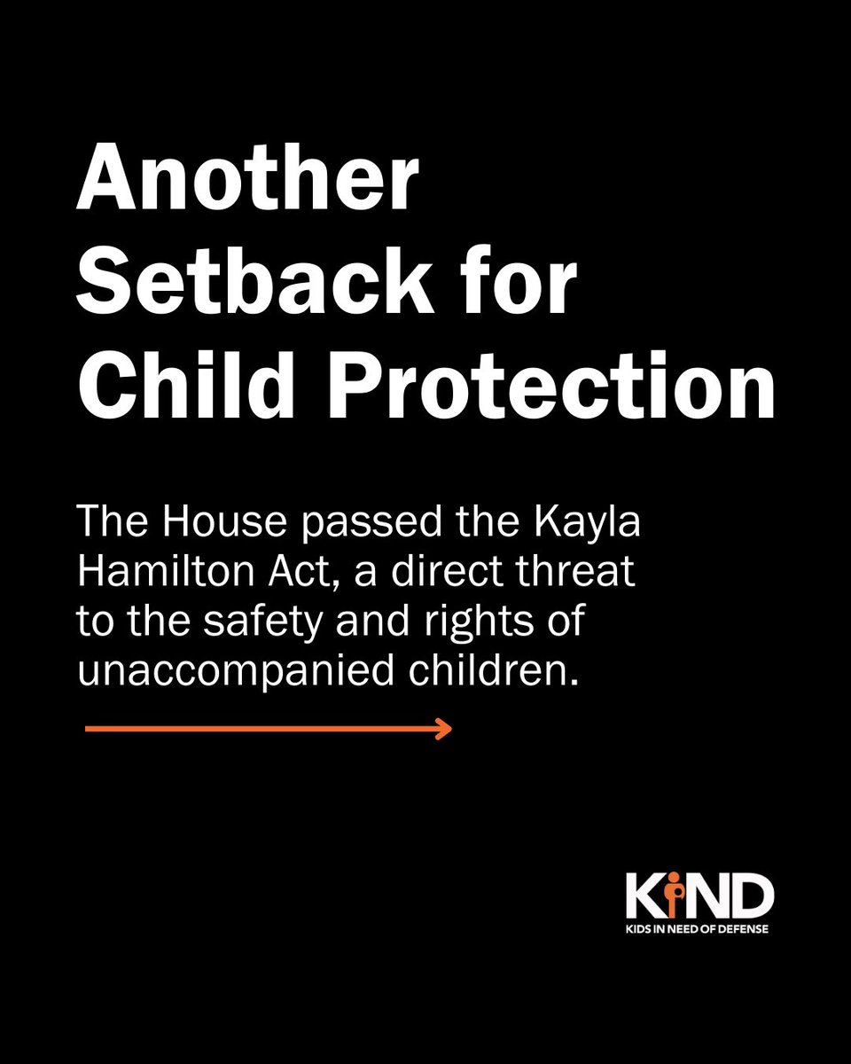 supportKIND's tweet image. ⚠️The House passed the Kayla Hamilton Act, a bill that weakens protections for unaccompanied children. It would prolong detention, block family reunification, and prioritize enforcement over child safety. This is not child protection.
Our statement: bit.ly/3KMq3LF