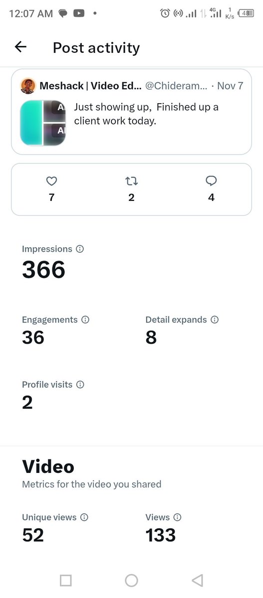 Chideramesh's tweet image. This is my own joy for a growing and small account.

#VideoEditing #PersonOfTheYearAwards2025xBUS #freelancer #videoeditor