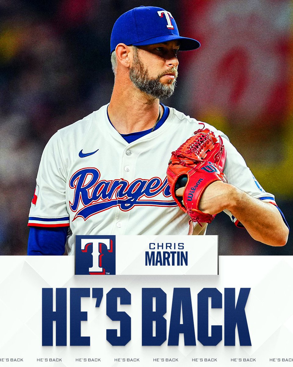 He's Back Chris Martin, Texas Rangers Pictured: Chris Martin wears a white Texas Rangers uniform with blue lettering and a blue Rangers cap.