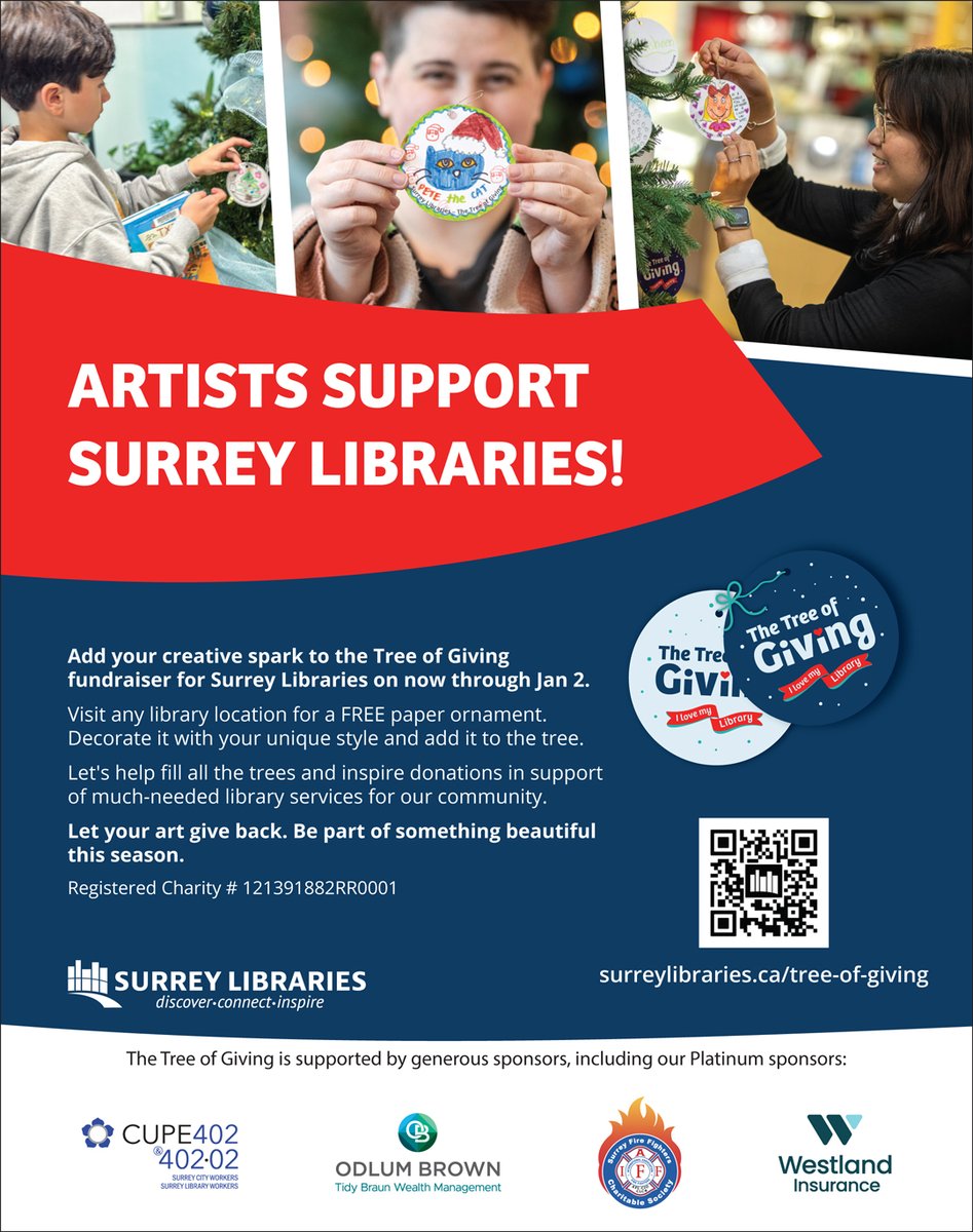 SurreyArts's tweet photo. ACS RECOMMENDED... #artnews | Surrey Libraries @surreylibrary  present the 'Tree of Giving' until  January 2, 2026 | see poster or scan QR Code for event details
@CityofSurrey @cupe402 @OdlumBrown https://t.co/h5sXbmyn9d