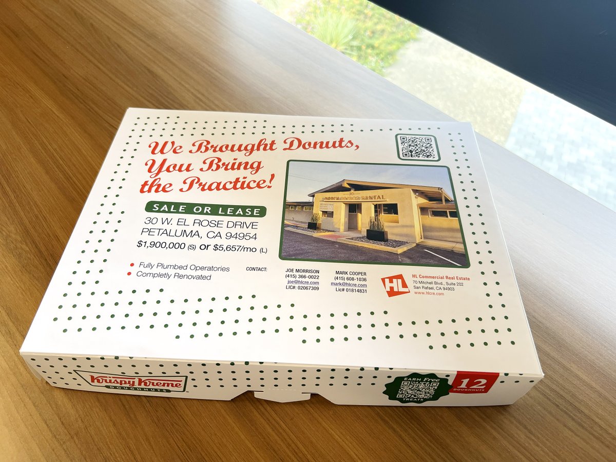 HL_CRE's tweet photo. Thinking outside the box sometimes means turning the box into the marketing🍩
We marketed a Petaluma medical building with custom Krispy Kreme box covers delivered to local dentists. Creative outreach. Targeted audience. Real results. Property sold!

#CREMarketing #HLCommercial https://t.co/XaL9Bi4pXQ