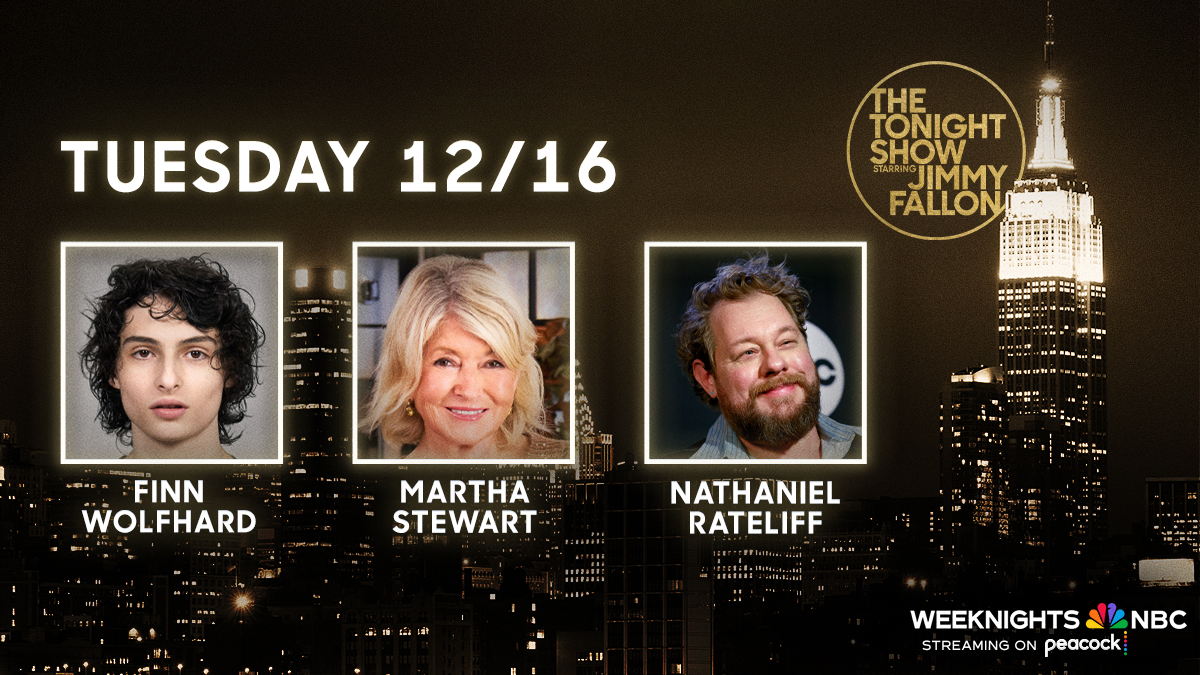 FallonTonight's tweet photo. TONIGHT! ⬇️

🎄 12 Days of Christmas Sweaters
🎤 Talk + Performance from @finnwolfhard
✨ @MarthaStewart
🎸 @NRateliff

#FallonTonight https://t.co/YK1UPjEkvm