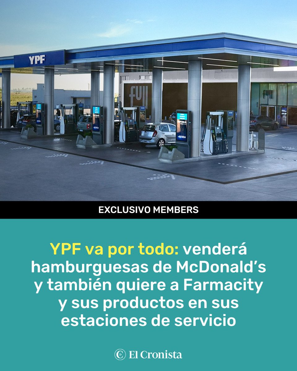 Cronistacom's tweet image. Mientras YPF avanza con un acuerdo para empezar a ofrecer hamburguesas de McDonald’s en sus estaciones de servicio, el CEO de la energética, Horacio Marín, también inició gestiones con Farmacity, con el objetivo de incorporar la presencia de la cadena de farmacias, y sus…