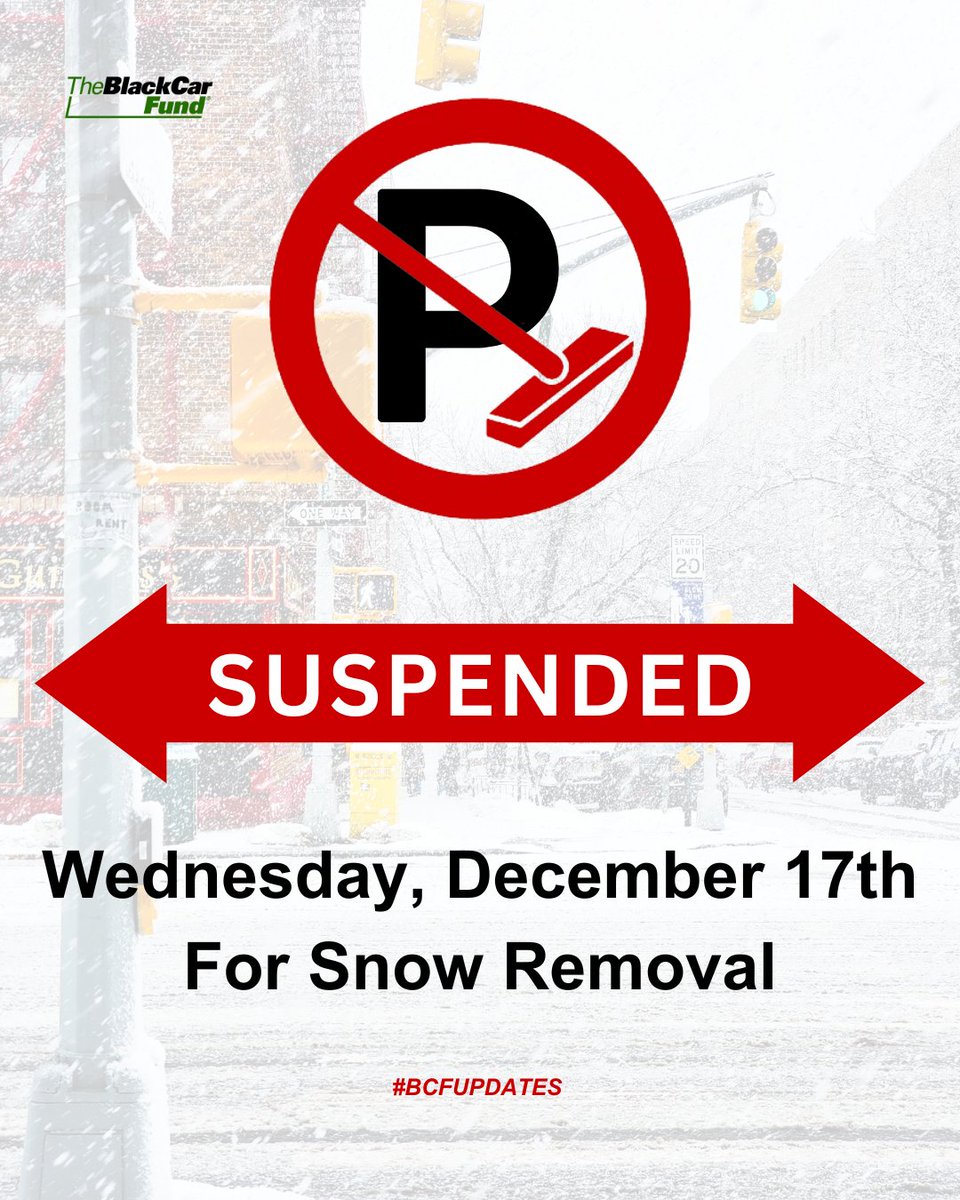 Alternate Side Parking Regulations will be suspended on Wednesday, December 17th, to facilitate snow removal. Parking meters will remain in effect throughout NYC.

#ASPSuspended #AlternateSideParking #NYCASP #TheBlackCarFund #NYBCF #NYS #NYC