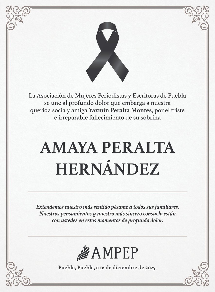 🕊 La <a href="/AmpePuebla/">AMPEPuebla</a> eleva sus oraciones por el eterno descanso de la pequeña Amaya Peralta Hernández, sobrina de nuestra socia y amiga Yazmín Peralta Montes. 

Que la resignación a sus familiares y amigos llegue pronto. 🖤

Descanse en paz.