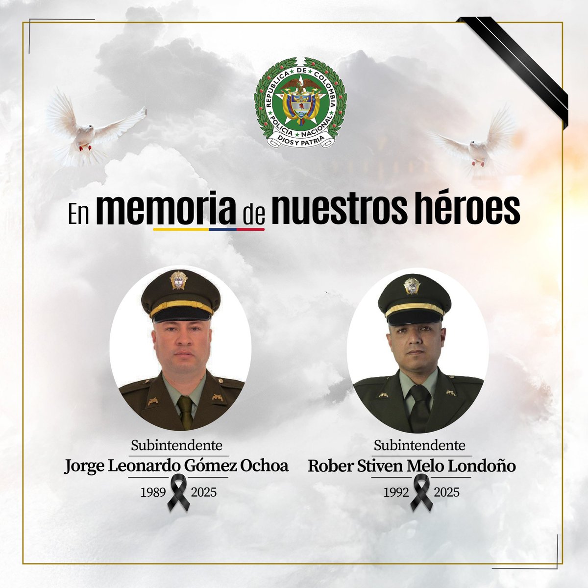 Con profundo dolor despedimos a dos policías asesinados mientras cumplían su deber en el suroriente de Cali.

Acompañamos con respeto y solidaridad a sus familias y compañeros en este momento tan doloroso. Su entrega y valentía no serán olvidadas.