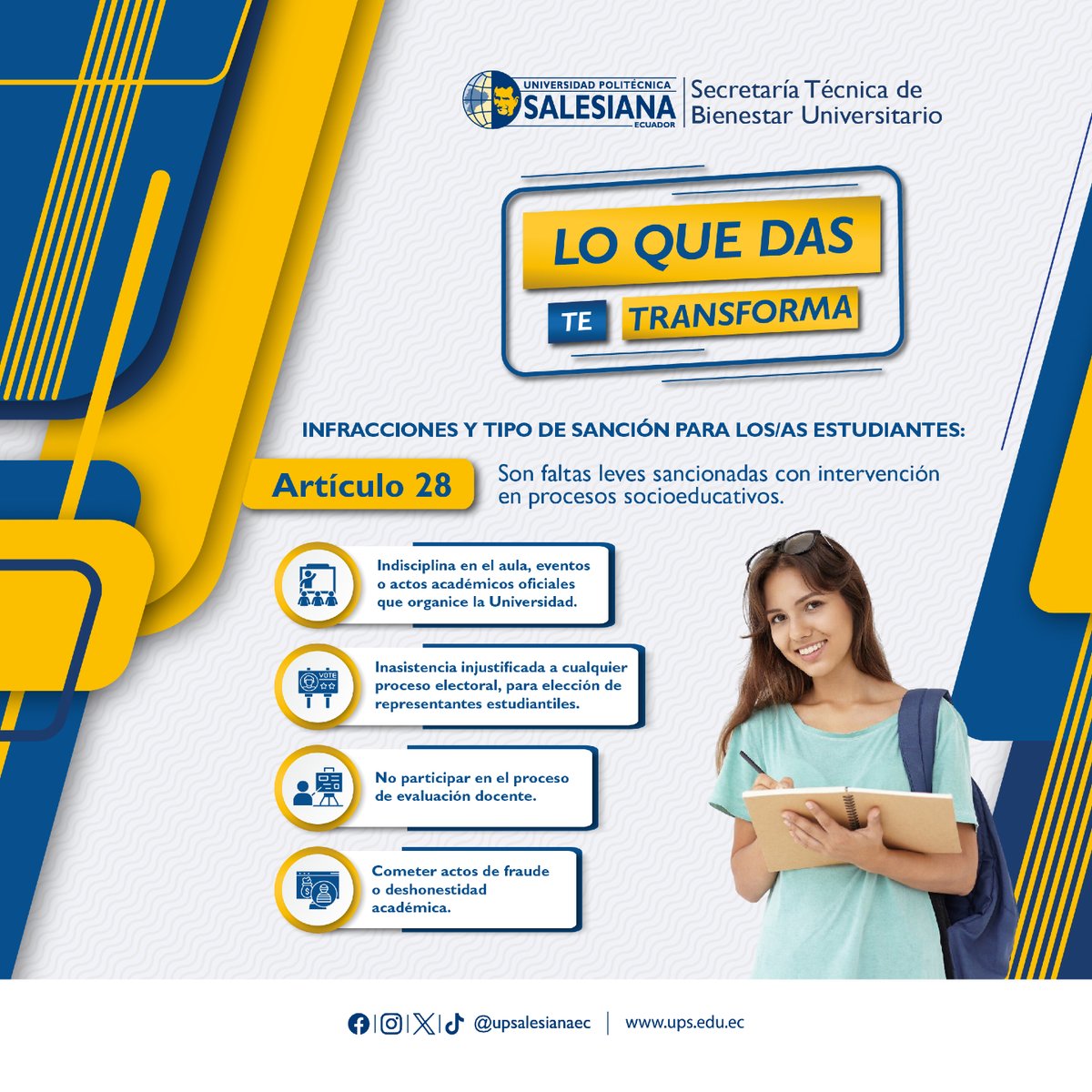 👥 En la UPS, las normas existen para proteger la vida, la dignidad y la sana convivencia dentro de nuestra comunidad universitaria.

👉 El #Artículo28 establece las infracciones y los tipos de sanción aplicables a los estudiantes, de acuerdo con la gravedad de los hechos,