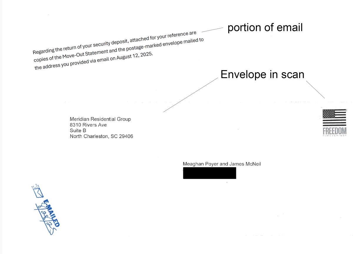 RocketMcNeil's tweet image. Pressed for time with no sleep for most of a week, we were collapsing from exhaustion. But we left.

Then the deposit didn’t show up in 30 days so we asked and were told it was mailed in time, with proof presented as a scan of something we were told was a postmark... 🧵 4/11