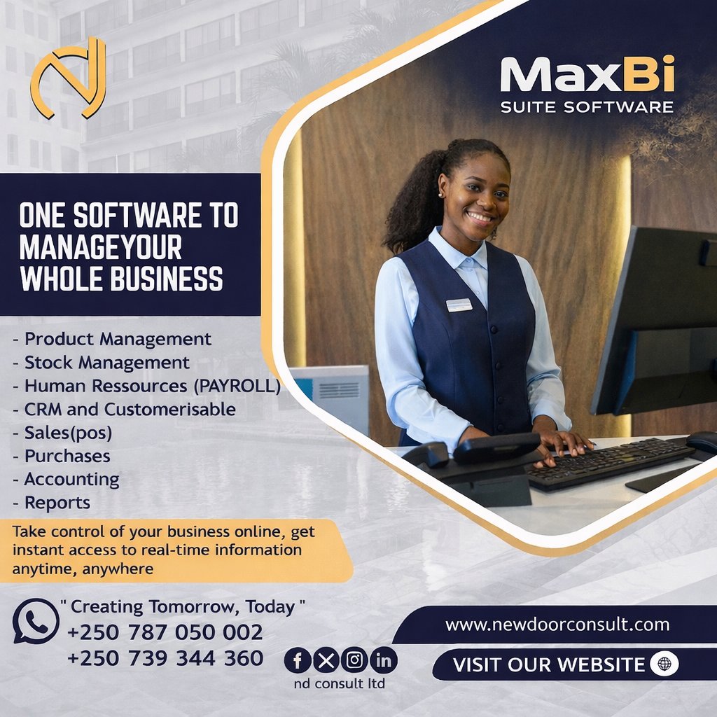 NdtechBdco's tweet photo. Run your business smarter with MaxBi Suite Software, one powerful platform for total control, anytime, anywhere.

Perfect for hospitals, hotels, retail stores, and growing enterprises.

📷 +250 787 050 002 | +250 739 344 360

#MaxBiSuite #ICTSolutions #ERP #CRM #SmartBusiness https://t.co/nhGTaBCZ8F