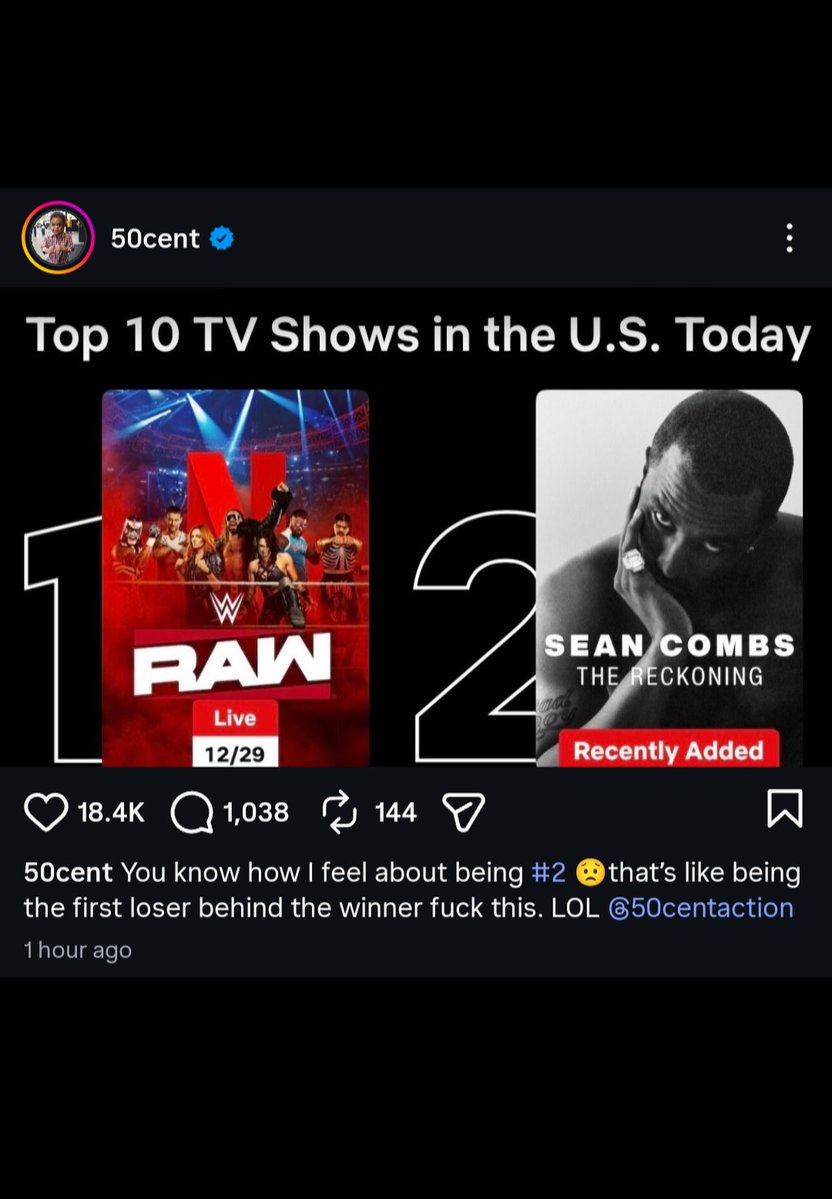 EliteClubS0B's tweet image. 50 Cent isn’t happy that WWE RAW has passed his Diddy documentary as Netflix’s #1 show.

“You know how I feel about being #2 that’s like being the first loser behind the winner f*ck this. LOL”