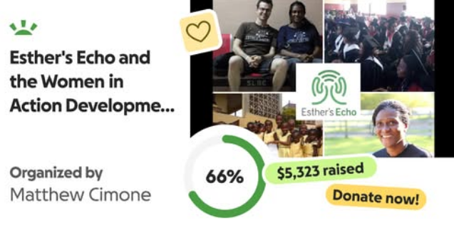 Two Thirds of the way there! Can we hit our goal for <a href="/EsthersEcho/">Esther's Echo</a>!? Donations have to be received by Dec 22nd! Every dollar goes directly to Esther's school, the Women in Action Development Project in Sierra Leone. gofund.me/95294027e