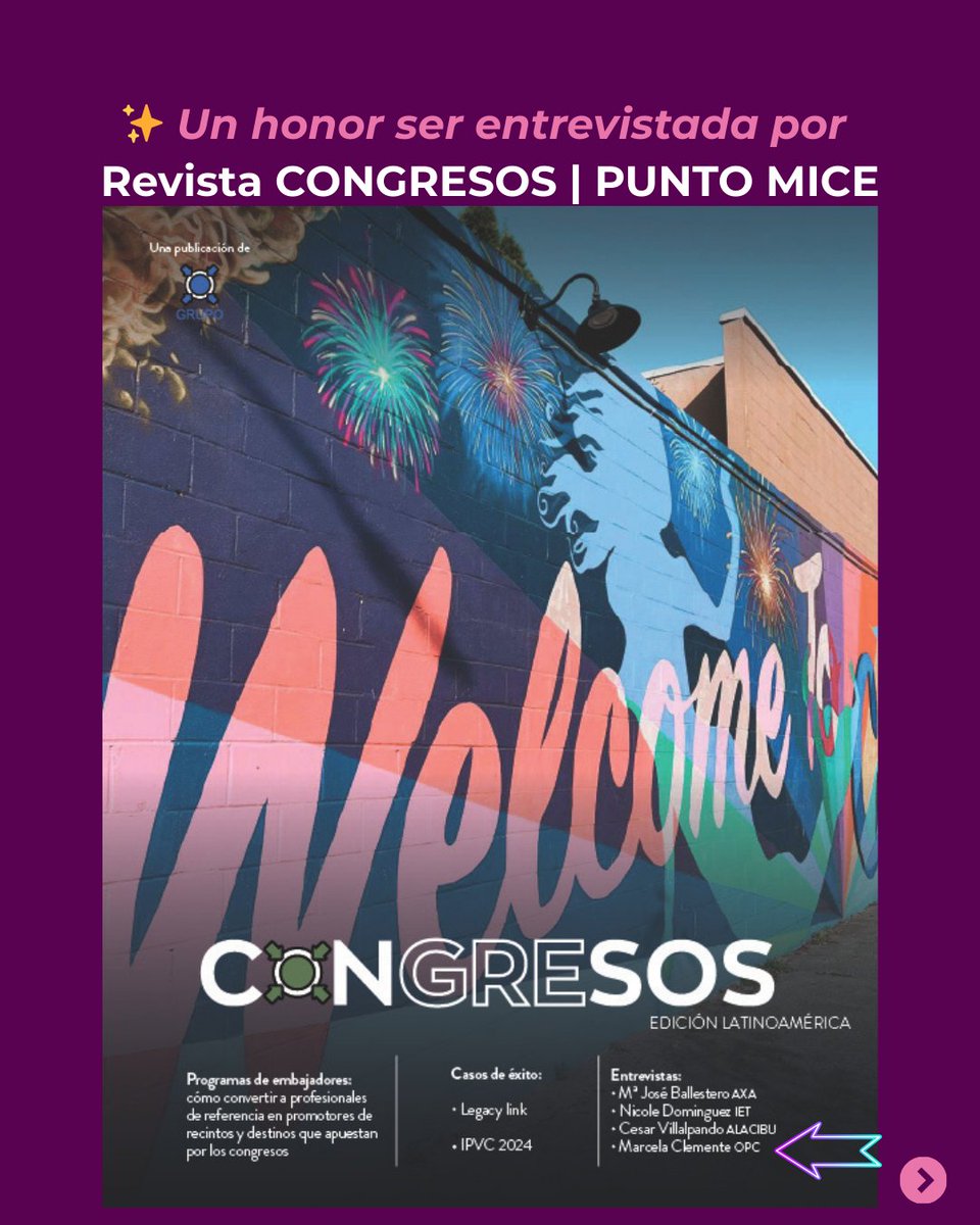 MarcelaClement's tweet photo. ✨ Un honor haber sido entrevistada por Revista CONGRESOS de PUNTO MICE.
Compartí mi mirada sobre la evolución de los congresos profesionales y médicos, y los nuevos desafíos de nuestra #industriaMICE.

📖 Nota completa (pág. 19): https://t.co/fQz0Xruixx https://t.co/GkhluwpxlY