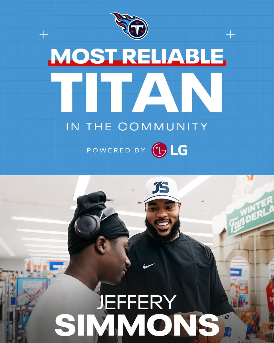 This week's Most Reliable Titan in the Community powered by <a href="/LGUS/">LG Electronics</a> is <a href="/GrindSimmons94/">Jeffery Simmons</a> for his work with <a href="/BigBroBigSisMT/">Big Brothers Big Sisters of Middle Tennessee</a> holiday shopping spree and his support of Hunters Lane High School Girls Flag Football

#WPMOYChallenge Jeffery Simmons