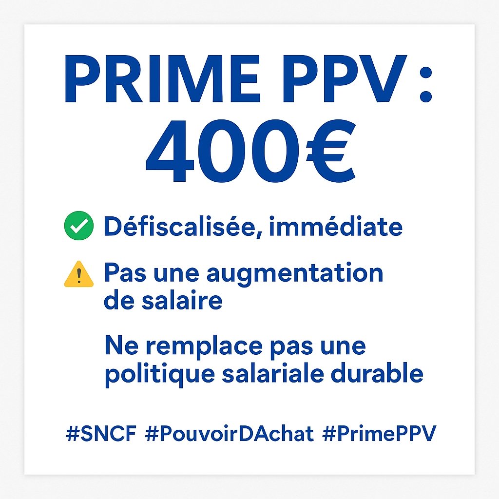 UNSAFerro_Off's tweet photo. 💥 Prime PPV : 400 € pour les cheminots @GroupeSNCF !
✅ Coup de pouce immédiat et défiscalisé
⚠️ Pas une augmentation de salaire : pas de droits sociaux, pas de retraite.
L'UNSA-Ferroviaire exige une vraie politique salariale + extension de la PPV aux filiales.
#SNCF #PrimePPV https://t.co/hJKKQd6Fqb
