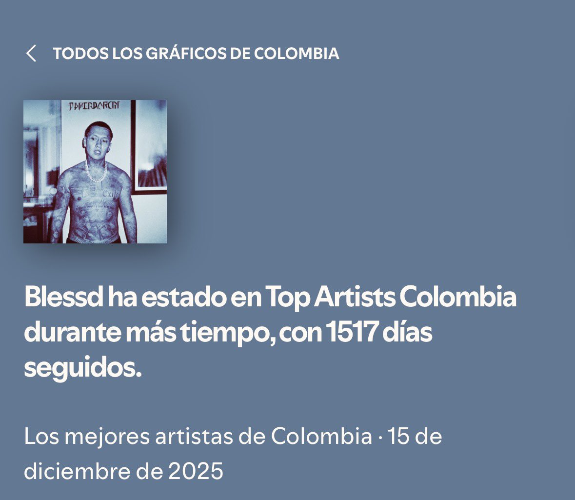 BlessdCharts's tweet photo. .@BlessdOficial pasa 1517 Días en el Top 200 Artists Spotify Colombia. Actualmente en la posición #1 siendo el artista mas escuchado. https://t.co/6Yw3CxDP83