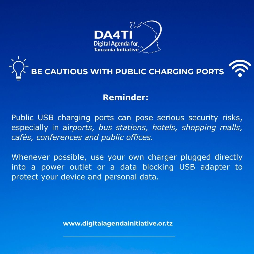 Be Cautious with Public Charging Ports.
Public USB charging ports can pose serious security risks, especially in airports, bus stations, hotels, shopping malls, cafés, conferences and public offices.

Whenever possible, use your own charger plugged directly into a power outlet or