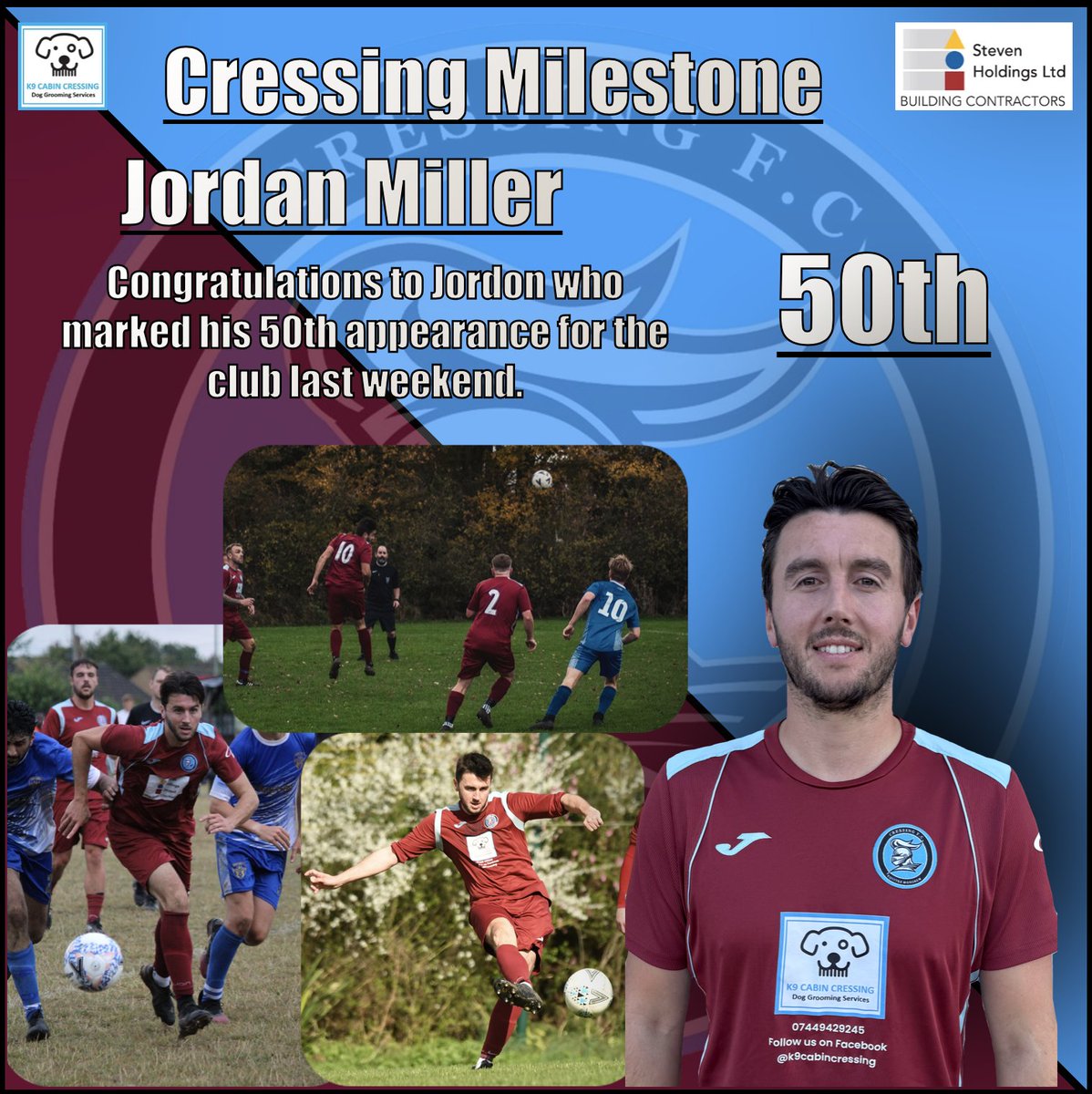 Cressing FC Milestone 🏆

Jordan Miller’s 50th appearance for the club! 💥

Up the Cressing! ⚽️

#CressingFC
#K9CabinCressing
#StevenHoldingsLTD
#UTC